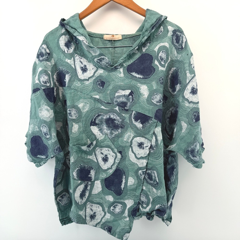Lands Downunder Womens Large 100% Linen Hoodie Top Green Agate Geode Print Italy
